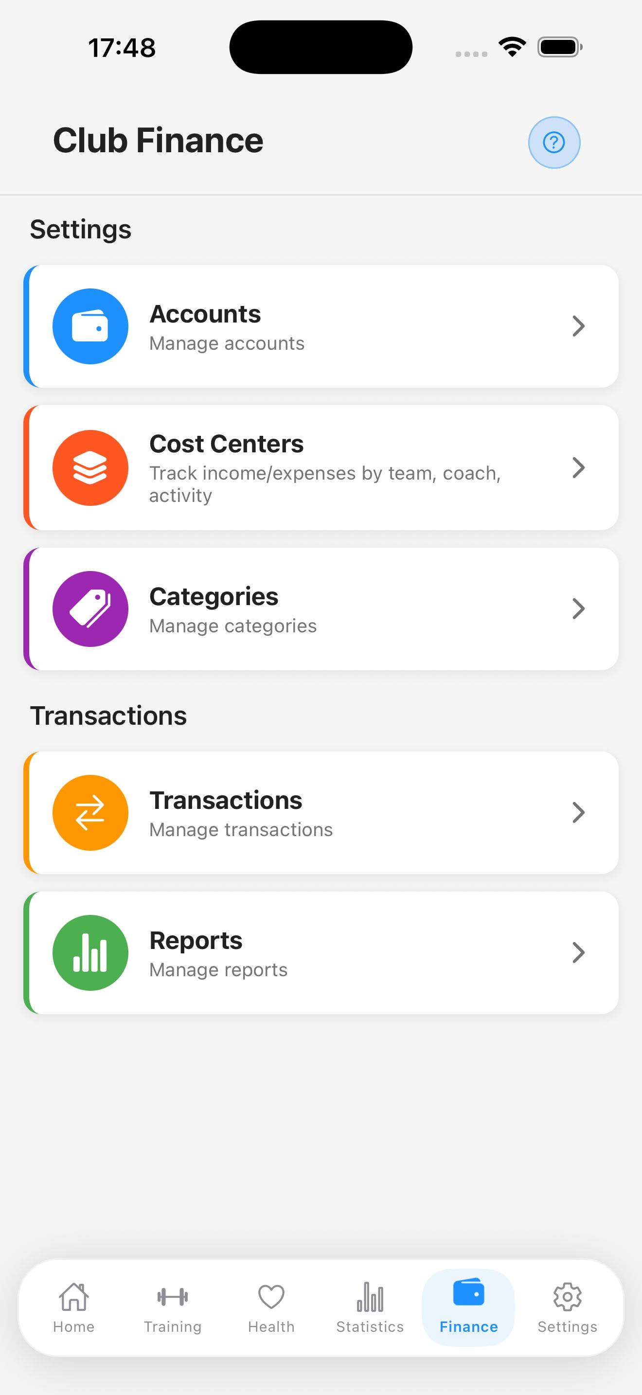Club finance menu with accounts, cost centres, categories, transactions and reports