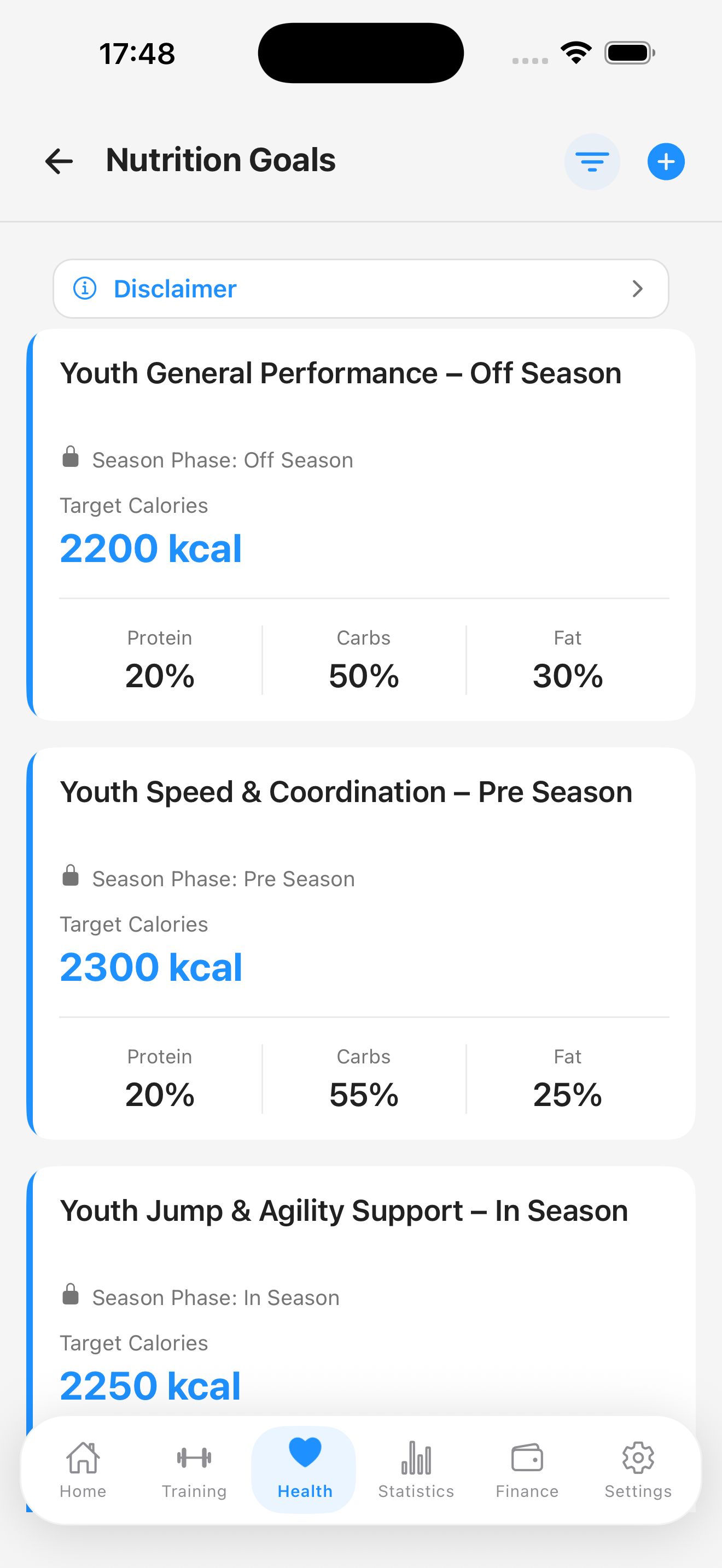 Nutrition goal plans for season phases with calorie targets and macronutrient split