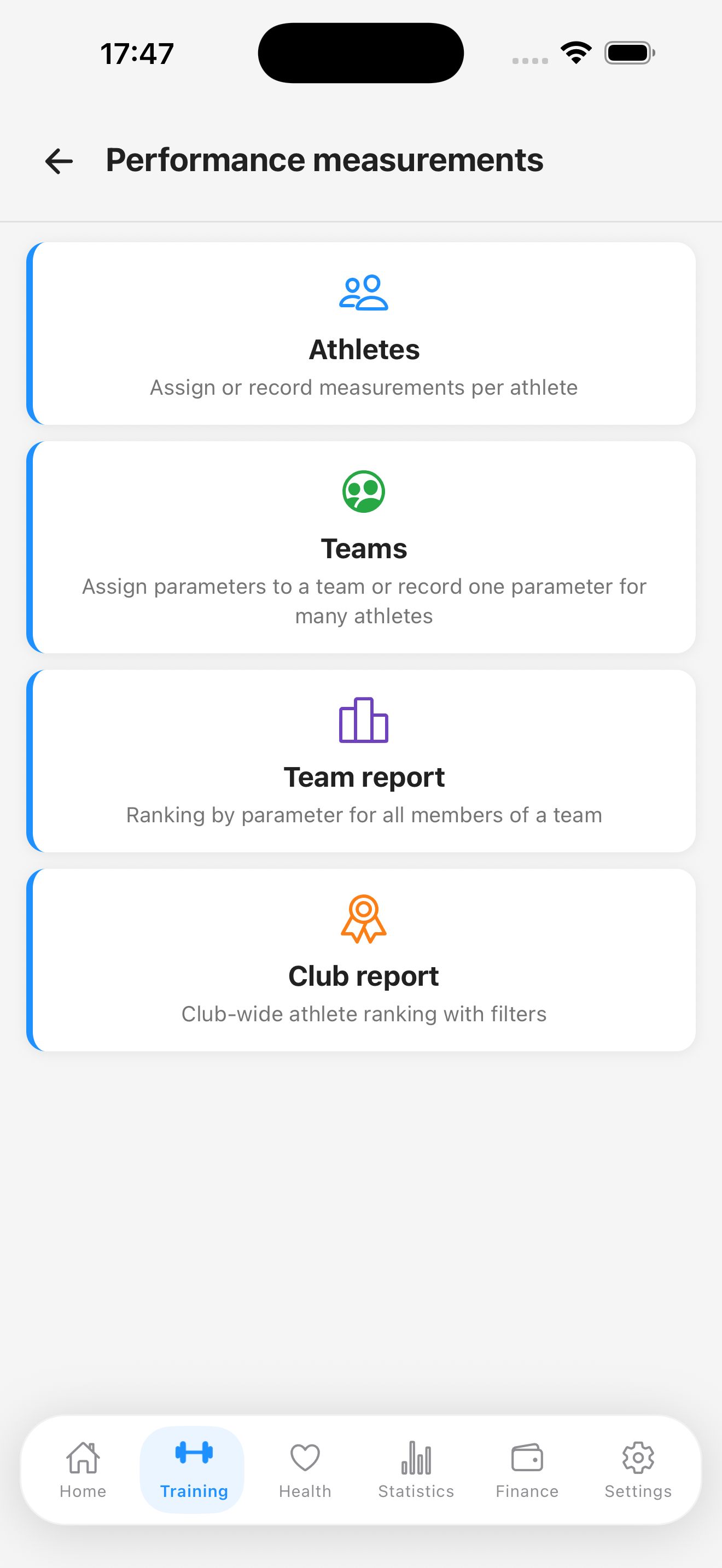 Performance measurements menu with athlete, team, team report and club report options