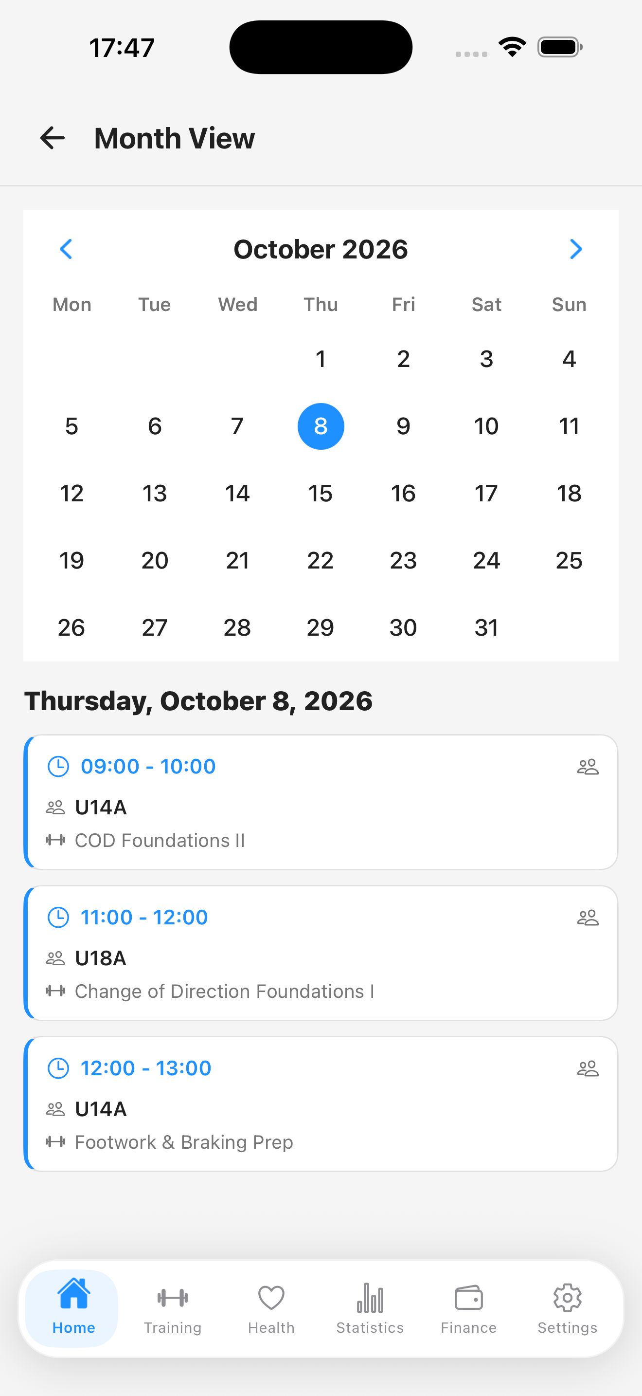 Sospita Club Management month calendar on iPhone showing scheduled team training sessions